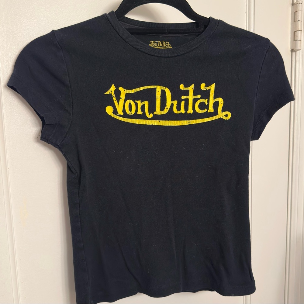 Vintage Y2K Von Dutch Originals Black Yellow Logo Tee Fits XS